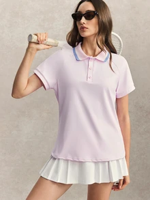 Activina Women's Colorblock Casual Versatile Sports Polo Shirt - Pink - View 1