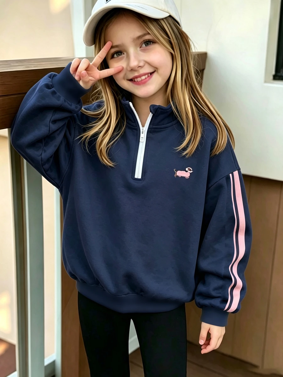 可愛小狗圖案半拉鍊運動衫,適合小女孩秋冬穿著,舒適簡約休閒日常風格 - 彩色 - 查看 1