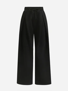 SHEIN Tween女孩秋冬休閒街頭時尚運動長褲，百褶腰頭、彈性抽繩、側邊口袋與寬鬆褲管設計，適合返校與日常穿著，百搭黑色長褲 - 黑色 - 查看 2
