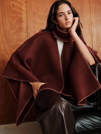 Anewsta Essential Selendang/Jubah Wol Dua Sisi Warna Burgundy Musim Gugur/Dingin Terbaru, Jubah Wol Nuansa Vintage untuk Jamuan dan Liburan, Selendang Luar Ruangan Wanita