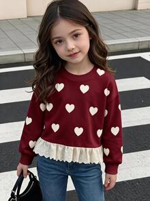 Genkimix Kids 女童極簡時尚英文標語刺繡 3D 蝴蝶結裝飾下擺拼接白色荷葉邊灰色刷毛寬鬆落肩長袖圓領套頭運動衫，秋季 - 酒紅色 - 查看 2