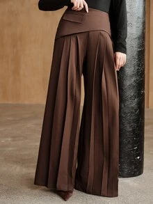 Anewsta Women's Pleated Solid Color Casual Daily Wear Suit Pants - Coffee Brown - View 5