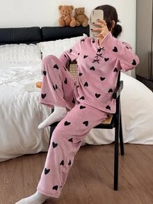 Napfluff Women's Autumn/Winter Plush Heart Print Long Sleeve & Long Pants Loungewear Set - Dusty Pink - View 3