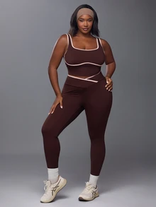 Voyena Women's Plus Size Colorblock Top And Leggings Casual Daily Sports Set - Coffee Brown - View 4