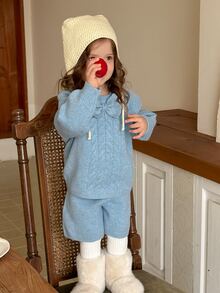 DAZY Baby Girl Bow Decor Long Sleeve Cable Knit Sweater And Knitted Shorts Casual Set - Blue - View 4