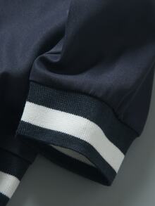 SHEIN Vacaura جاكيت طيار للأطفال الكبار بياقة بيسبول مضلعة مع خطوط متباينة باللون الأزرق الداكن، طباعة حرف NEW YORK، سحاب أمامي، أسلوب كاجوال للربيع/الخريف - أزرق بحري - مشاهدة 6