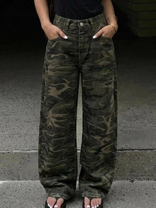 Hapijoa Teen Girl Casual Camouflage Straight Leg Long Pants With Rhinestone Decor Cool Autumn/Winter Denim Jeans - Army Green - View 3