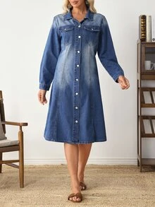 Selenza Plus Size Women's Long Sleeve Single-Breasted Casual Denim Dress - Blue - View 5
