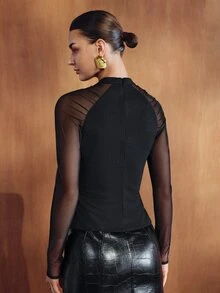 MOTF PREMIUM WOMEN'S BLACK SHOULDER TRANSPARENT MESH PATCHWORK FASHION VERSATILE T-SHIRT - Black - View 3