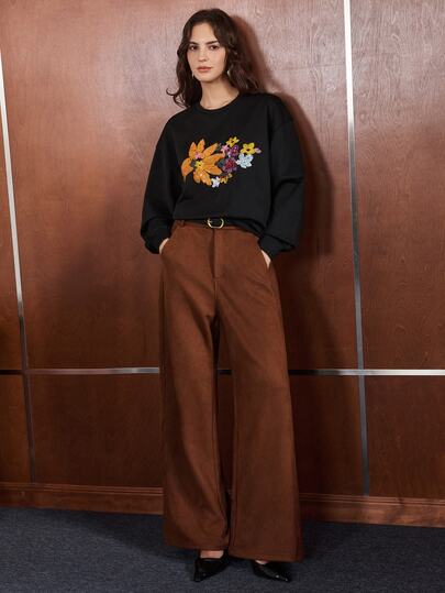 Anewsta Elegantes Damen-Sweatshirt, vielseitiges Lässig-Top, langärmlig, Rundhalsausschnitt, mit Pailletten, Schwarz