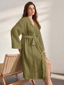Ocili Leisure Pure Cotton Double Layer Crepe Fabric Minimalist Comfortable Frill Trim Long Robe Women's Loungewear Plus Size - Dark Green - View 7