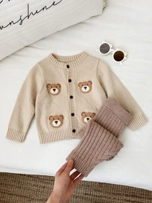 SHEIN 男女嬰兒/幼兒 2件組秋冬加厚抓絨內裡可愛熊圖案開襟衫套裝，毛衣套裝，嬰兒冬季毛衣套裝，服飾，聖誕節 - 咖啡棕 - 查看 5