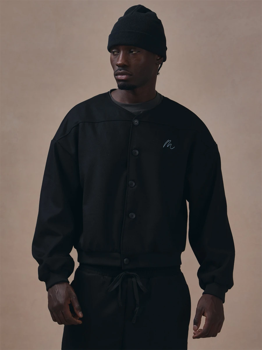 Baseball Inspired Tailored Jacket Crop Fit "MUSERO" Chest Embroidery Co Ord Jacket Only Autum Winter Essentials - Black - View 1