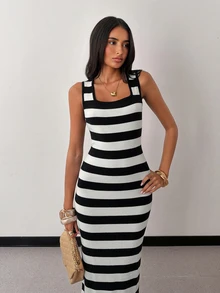 SHEIN Glamour Women's Striped Square Neck Sleeveless Fitted Elegant Knit Dress - Multicolor - View 12
