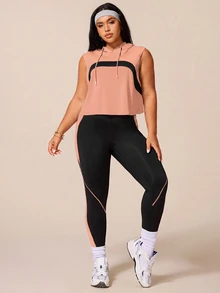 SHEIN Rhythm Era 女款運動瑜伽戶外健身訓練套裝，抽繩連帽無袖寬鬆運動衫，胸前弧形對比色設計，線條與色塊對比緊身褲 - 彩色 - 查看 6