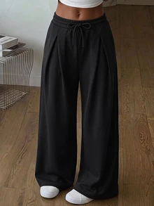 SHEIN Tween女孩秋冬休閒街頭時尚運動長褲，百褶腰頭、彈性抽繩、側邊口袋與寬鬆褲管設計，適合返校與日常穿著，百搭黑色長褲 - 黑色 - 查看 3