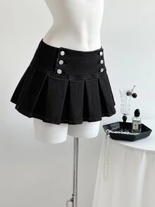Elamini Fashion Casual Y2K Hot Girl Low Waist Denim Pleated Mini Skirt - Black - View 1