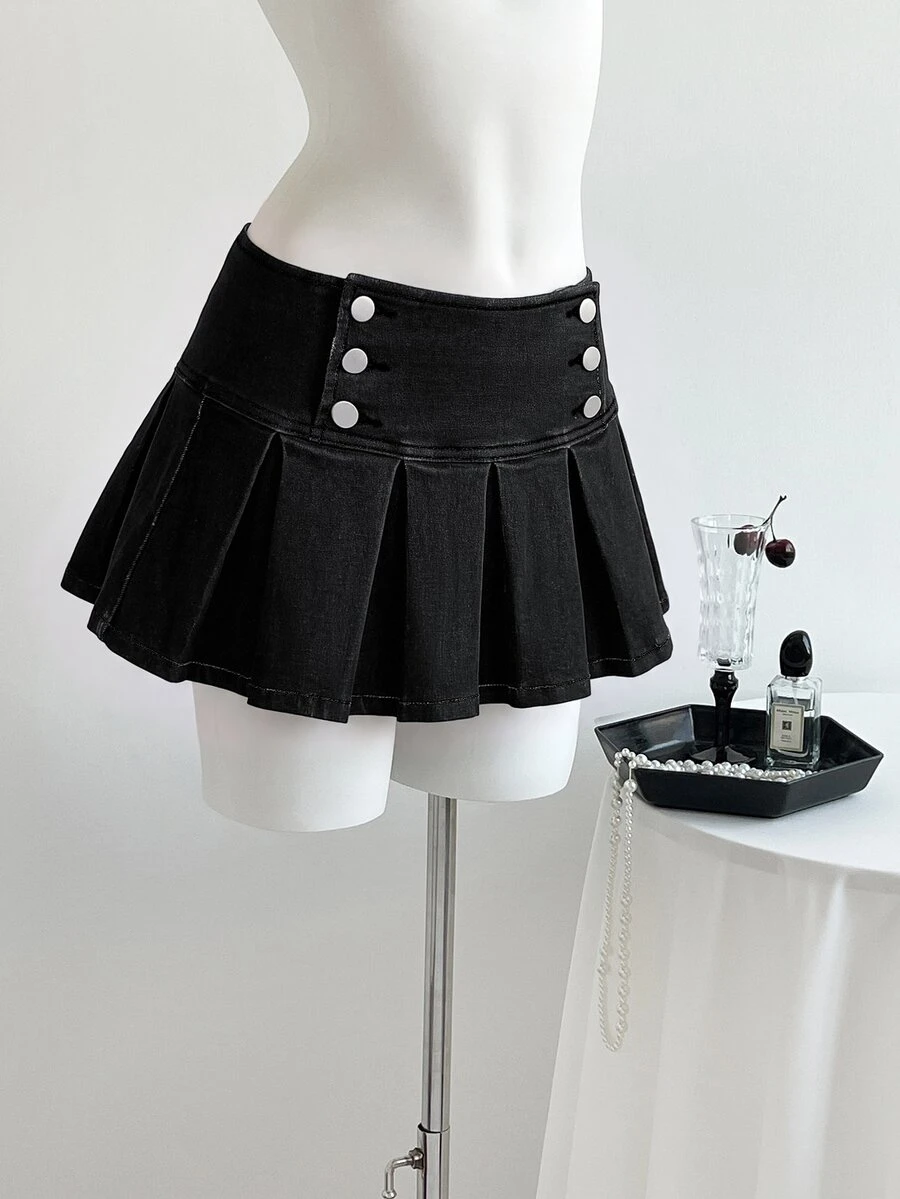 Elamini Fashion Casual Y2K Hot Girl Low Waist Denim Pleated Mini Skirt - Black - View 1