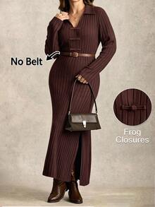 Linhara CURVE Autumn/Winter Plus Size Ribbed Knit Long Dress, Turn-Down Collar, Side Slits, Slimming Long Sleeve Polo Dress - Brown - View 1