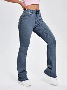 SHEIN EZwear 女款休閒百搭喇叭褲牛仔褲，附口袋 - 藍色 - 查看 5