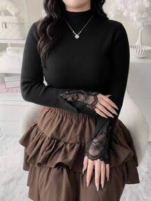 Dazy Plus Early Autumn New Korean Style Split Bell Sleeve Contrast Lace Sweater - Black - View 6