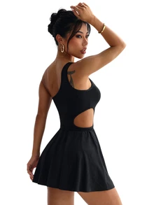 SHEIN Dewbera Women's Solid Color One-Shoulder Cutout Design Sleeveless Sports Dress - Black - View 2