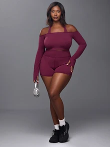 Voyena Women's Plus Size Solid Color Off-Shoulder Halter Neck Long Sleeve T-Shirt And Shorts Sports Set - Burgundy - View 3