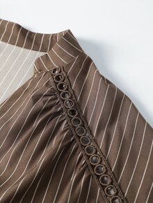 Linhara CURVE Plus Size Casual Brown Striped V-Neck Lace Patchwork Long Sleeve Blouse - Coffee Brown - View 3