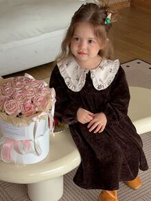 DAZY Infant/Toddler (Girl) Colorblock Patchwork Long Sleeve Korean Style Dress, Autumn/Winter - Coffee Brown - View 7