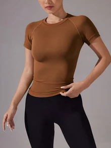 Easithlete Easithlete 女款純色插肩袖短袖日常健身運動T恤 無縫 - 摩卡棕 - 查看 5