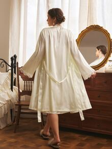 Côtesoire Plus Size Women's Southern French Romantic Elegant Glossy Satin Lace Slip Robe, Lace Robe Nightwear Set - Champagne - View 2
