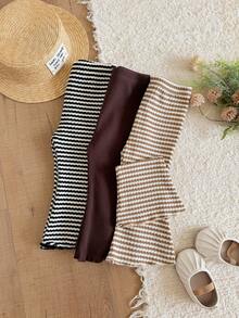 SHEIN LMoss Kids LMoss 3件組女嬰針織純色條紋休閒喇叭褲套裝 - 棕色 - 查看 5