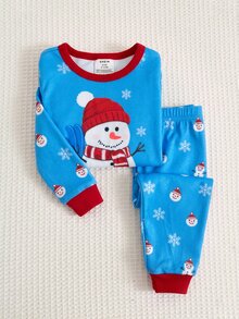 LMoss Kids 男嬰針織可愛卡通雪人圖案圓領T恤與長褲貼身居家服套裝，螢光發光2件組，聖誕睡衣 - 彩色 - 查看 7