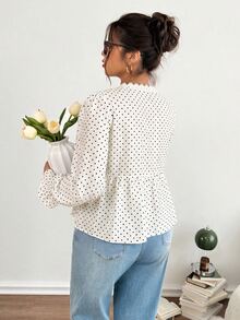 SHEIN Frenchy Plus Size Women's Contrast Lace V-Neck Polka Dot Pattern Long Sleeve Fashion Blouse - Apricot - View 2