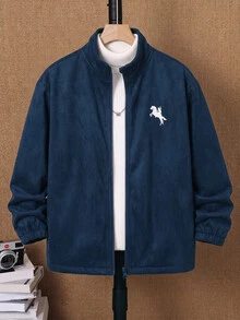 SHEIN 兒童青少年男孩可愛秋冬抓絨立領夾克，深藍色，適合室內、戶外、日常、運動、玩耍、派對、攝影、度假、節日、嘉年華 - 藏蓝色 - 查看 3