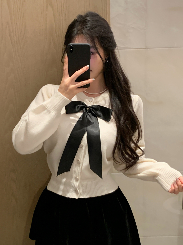 DAZY 女款蝴蝶結裝飾長袖單排扣針織開襟衫 - 米色 - 查看 4