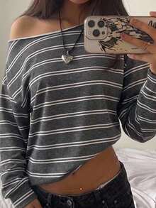 SHEIN EZwear 女款韓式不對稱肩條紋拼接配色長袖運動衫 - 彩色 - 查看 1