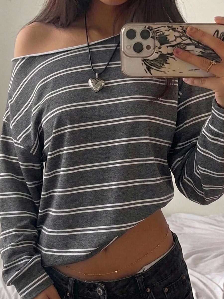 SHEIN EZwear 女款韓式不對稱肩條紋拼接配色長袖運動衫 - 彩色 - 查看 1