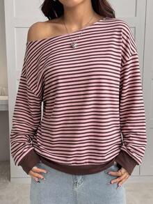 SHEIN EZwear 女款衛衣，秋季服飾，不對稱肩粉色與棕色條紋返校大學風衛衣，休閒極簡運動街頭風百搭派對聚會機場穿搭Y2K上衣，秋季穿搭，女款通勤穿搭，百搭上衣，外出穿搭，機場穿搭 - 彩色 - 查看 3