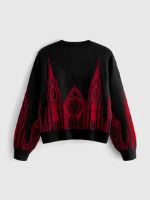 ROMWE Dark Gothic Church Demon Pattern Jacquard V-Neck Loose Fit Plus Size Cardigan Women Fall Winter Sweater - Black - View 2