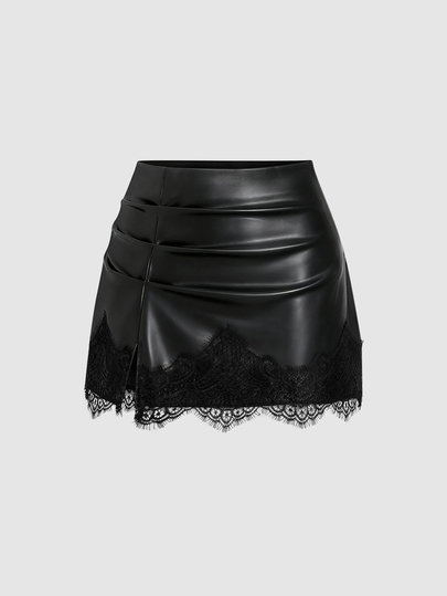 SHEIN Tall Summer Fashion New American Minimalist Sexy Style Black PU Tight-Fitting Hip-Covering Slimming Lace Patchwork Anti-Exposure Women's Tall Short Skirt For Daily Wear