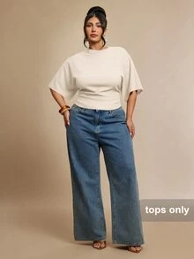 SHEIN BAE Plus Size Autumn Casual Solid Color Batwing Sleeve T-Shirt Gym Brown Fall - Apricot - View 3