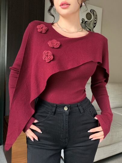 Feyla Women's Solid Color 3D Flower Decor Asymmetric Design Elegant Sweater