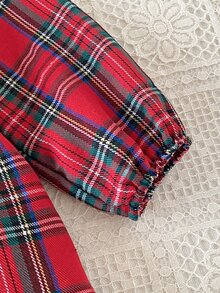 SHEIN 2pcs Baby Girls Princess Dress Sweet Red Plaid Bow Ruffle Lace Trimmed Hem Long Sleeve Ruffle Regular Winter Holiday Burgundy Chic Match Hat - Red - View 6