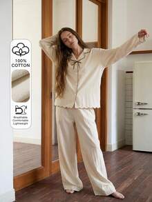 Livesso Women's Color Block Bow Decor Long Sleeve Top And Pants Casual Daily Pajama Set - Beige - View 4
