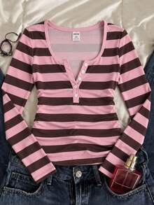 Tween Girl Striped Long Kids Sleeve Casual Versatile T-Shirt With Faux Button Design - White - View 5