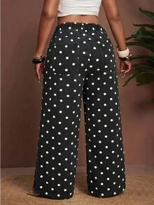 Slaydiva Festival Plus Size Women's White Non-Stretch Polka Dot Slim Straight Leg Jeans - Black - View 2