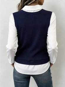 SHEIN LUNE ملابس علوية نسائي مقاس كبير بتصميم ألوان متباينة ورقعات وياقة وأكمام طويلة، ستايل 2 في 1 كاجوال للتنقل اليومي والعمل - أزرق بحري - مشاهدة 2
