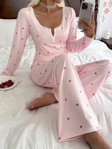 CottageSlumber Heart-Shaped Lace Trim V-Neck Slim Fit Women's Pajama Set - Pink - View 5