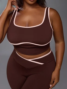 Voyena Women's Plus Size Colorblock Top And Leggings Casual Daily Sports Set - Coffee Brown - View 6